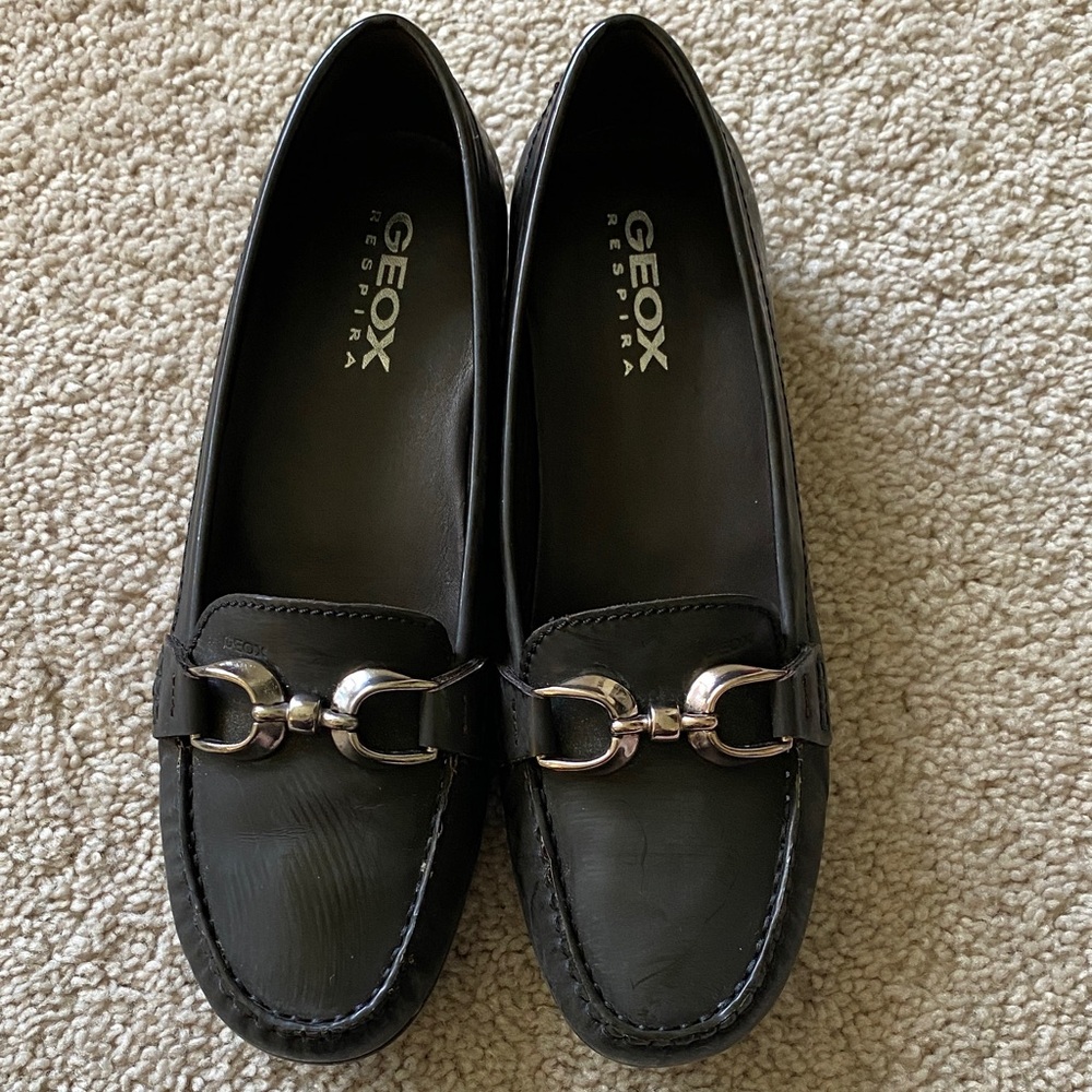 Geox Black Leather Loafers with Silver Bit Detail
